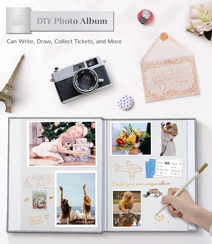 Photo Album Self Adhesive Scrapbook Album for 3x5 4x6 5x7 8x10 Pictures,60 Pages Linen Cover with Display Window DIY Photo Book,Ideal Gifts for Family Travel Wedding Baby