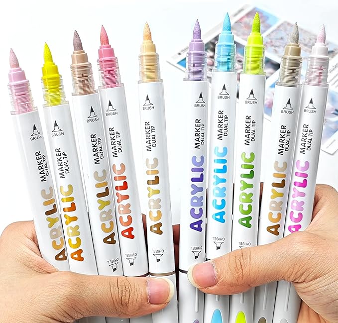 kander 12 Colors Dual Tip Acrylic Paint Markers, Blue Color — Extra Fine & Soft Brush Pen Set with Direct Ink Flow for Sketching, Detailing, Coloring on Wood, Canvas, Rock, Glass, DIY Crafts
