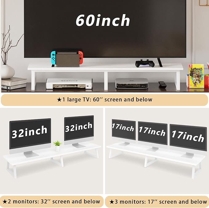 TEAMIX White Dual Monitor Riser for 2 Monitors-42inch, Wood Desktop Dual Stand with Metal Legs, Long Screen/PC/Laptop Storage,Computer Shelf TV Holder Home Office