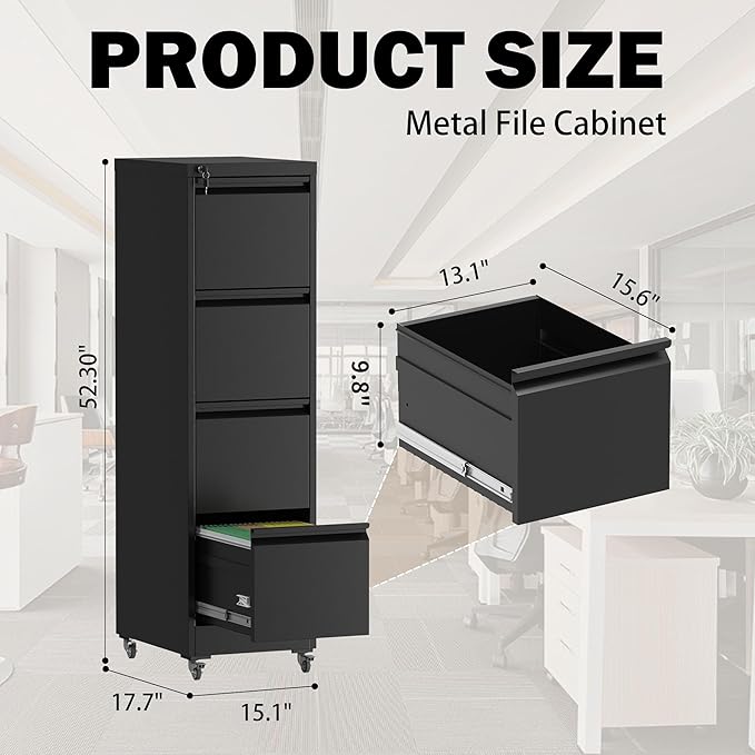 File Cabinet with Lock, 4 Drawers Filing Cabient with Wheel, Steel Vertical Filing Storage Cabinet for Home Office, Heavy-Duty File Cabinets for Letters/Legal/A4 (Require Assembly, Black)