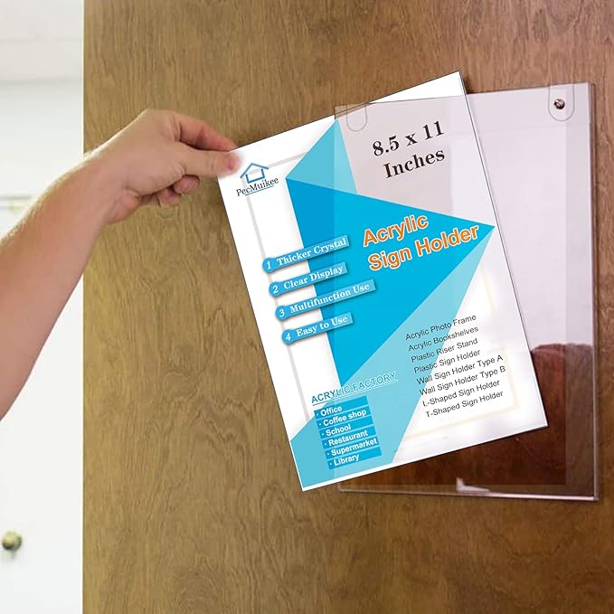 PecMuikee Acrylic Sign Holder 8.5x11, Wall Mount Acrylic Sign Holder and Plastic Paper Display Ad Frame bonus with 3M Tape and Mounting Screws for Restaurants, Office, Market, Library, Store, 12 Pcs