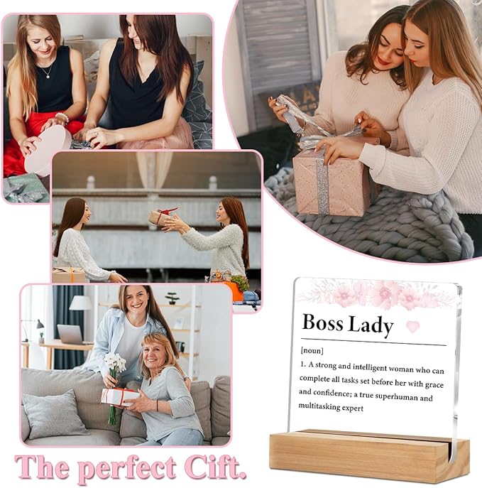 Boss Lady Gifts for Women Office Decor Acrylic Sign with Wood Stand, Best Boss Gifts for Women Leader Boss Mentor Bedroom Living Room Desk Cubicle Table Shelf Decor, Leadership Gifts Manager Gifts