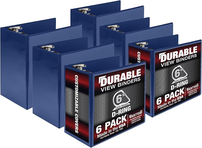 Samsill Durable 6 inch 3 Ring Binder, Made in USA, Locking D Ring FSC 100% Recycled Chipboard, Blue, 6 Pack