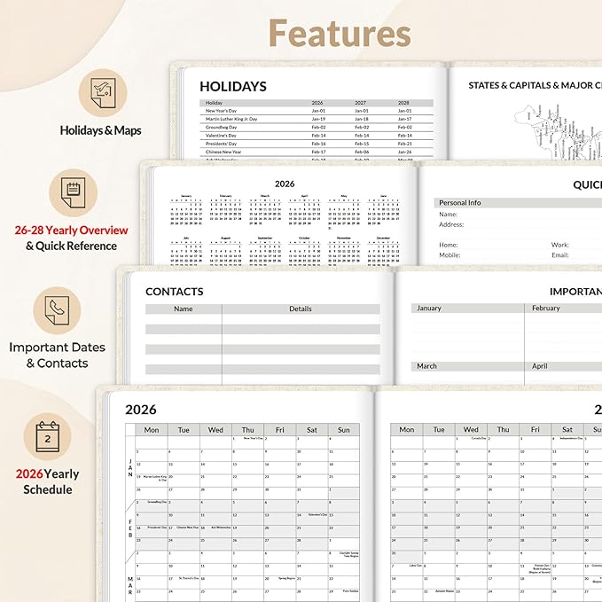 SUNEE 2026 Weekly & Monthly Hardcover Planner 5.5" x 8.3" - 12 Month (January 2026 - December 2026), Small Hardcover Planner, Pocket, Notes, 100 GSM Paper, Beige