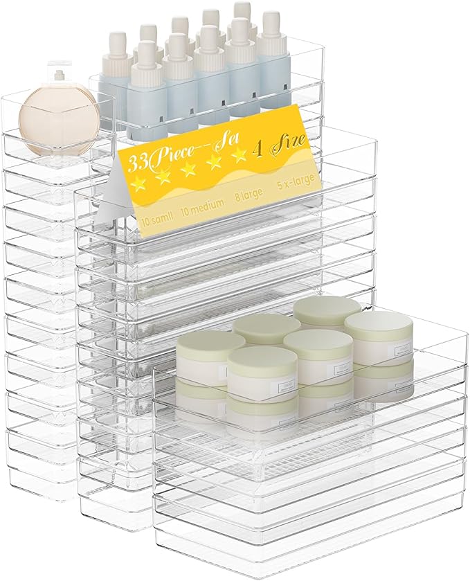 33 PCS Clear Plastic Drawer Organizer Set, 4 Sizes Acrylic Drawer Storage Trays Non Slip Storage Bins for Makeup, Jewelry, Gadgets for Kitchen, Bedroom, Bathroom, Office
