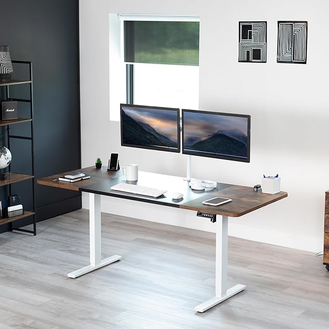 VIVO Electric 71 x 30 in Rustic Standing Desk, Memory Height Adjustment, 1B Series, Black and Vintage Brown Top, White Frame, DESK-KIT-1W7BN