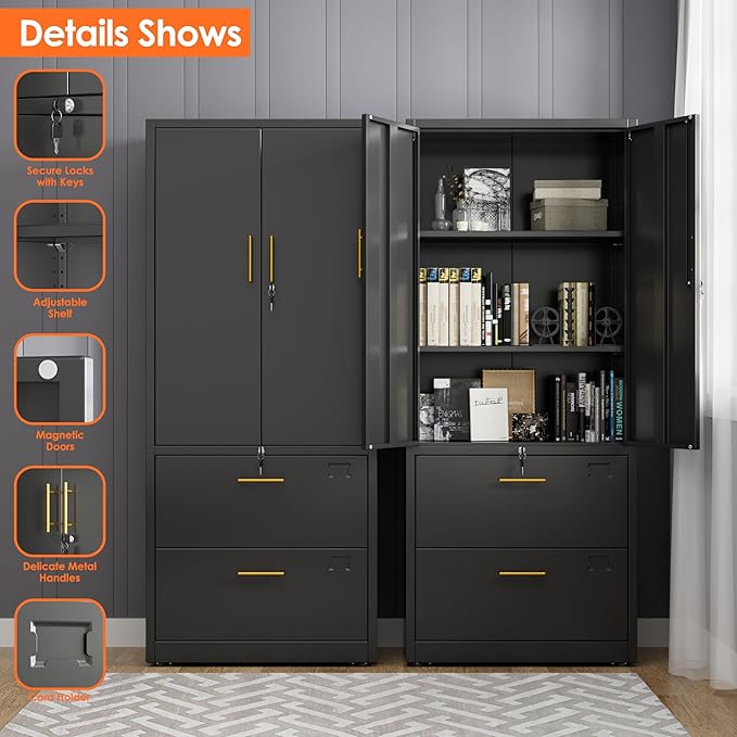 2 Drawer Lateral File Cabinet, Metal Storage Cabinet with Locking Drawers and Adjustable Shelves for Home, Office, Garage, School, Fit for A4/Letter/Legal File, Assemble Required