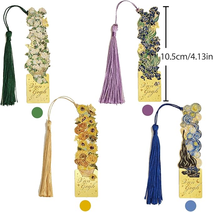 4 Pieces Metal Bookmarks with Tassel, Golden Hollow Bookmark Monet Oil Painting Theme Book Mark Bookmarks for Book Lovers Writers Readers Children Teens for Women Adults Teen
