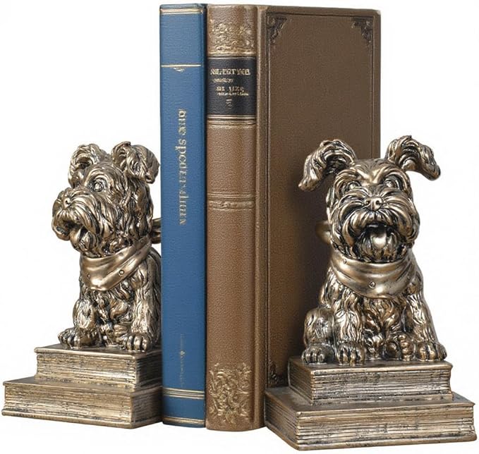 Vintage Antique Gold Dog Bookends,Decorative Book Ends for Shelves,Creative Resin Schnauzer Statues Book Holders for Desk Home Office Bookshelf Decoration,Gifts for Dog Enthusiasts