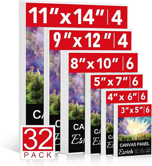 ESRICH Canvas Boards for Painting 32 Pack Art Supplies Paint Canvas 3x5, 4x6, 5x7, 8x10, 9x12, 11x14 Blank Large Canvases for Painting-Cotton Primed Canvas Panels for Acrylic, Oil, Gouache & Tempera.