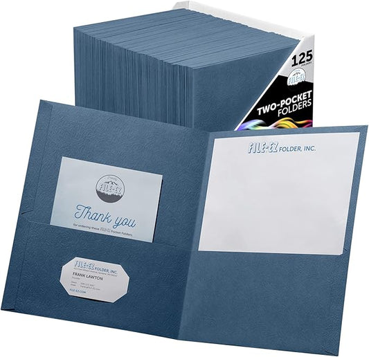 FILE-EZ Two-Pocket Folders, Dark Blue, 125-Pack, Textured Paper, Letter Size (EZ-32423)