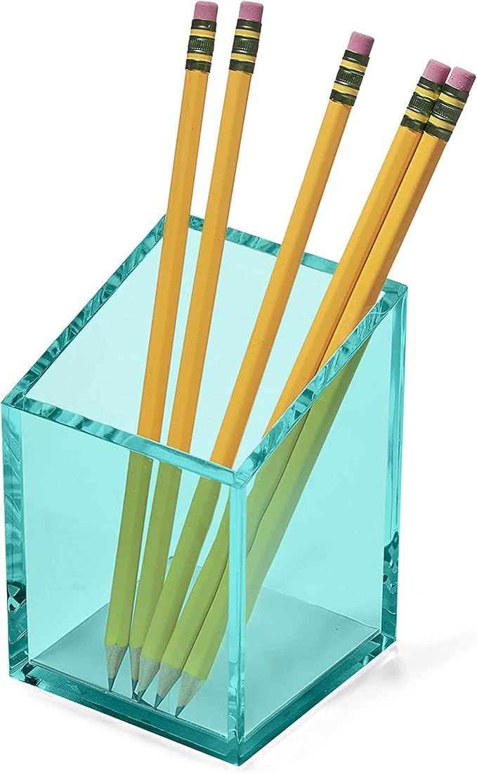 OfficeGoods Acrylic Pen & Pencil Holder - Modern Trapezoid Design - Beautiful Desk Organizer for Home or Office - Contrasting Metal Base - 3" Square w/ 3.5" Front & 4.5" Back - Green