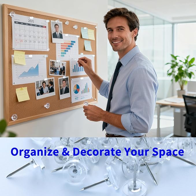 200 Pack Clear Push Pins – Thumb Tacks for Bulletin Boards, Cork Boards, Wall Displays – Flat Head, Heavy Duty Plastic, Reusable Storage Box Included