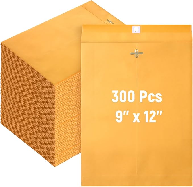 Ctosree 300 Pcs Manilla Envelopes Clasp Envelopes Bulk Brown Kraft Catalog Letter with Clasp Closure and Gummed Seal 28lb Heavyweight Paper (9 x 12 Inch)