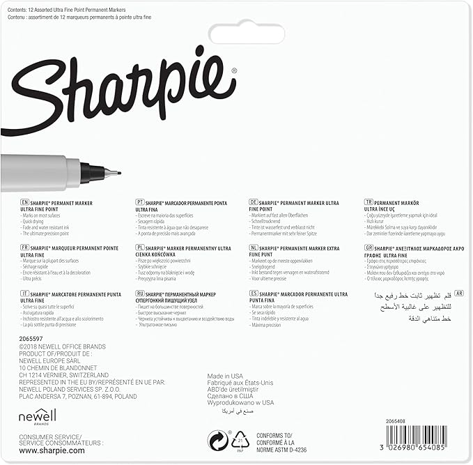 Sharpie Permanent Markers Ultra Fine Point Assorted Colors 12 Count