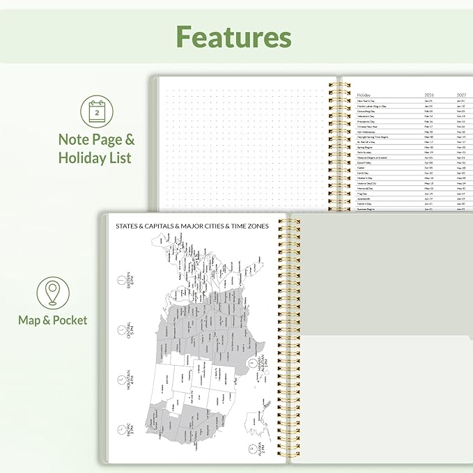 SUNEE 2026 Weekly and Monthly Planner - January 2026-December 2026, 8.5"x11" Half Weekly Half Note, Daily Agenda Planner with PVC Waterproof Cover, Monthly Tab, Note, Pockets, Bookmark, Green