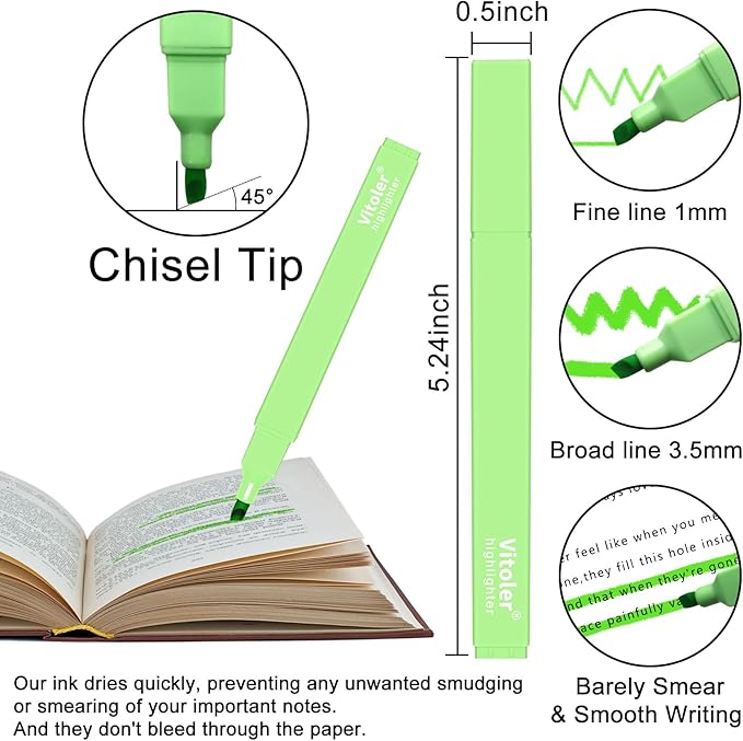 Vitoler 10Pack Bible Highlighters, Cute Assorted Colors Pastel Highlighters No Bleed Chisel Tip Highlighter for Aesthetic School Supplies