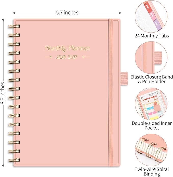 RETTACY 2026-2027 Monthly Planner, Jan 2026 - Dec 2027, Medium Size (5.7" x 8.3"), Agenda, Calendar, 24 Month Tabs, Flexible Plastic Cover, 100 GSM Thick Paper, Spiral-bound (Pink)
