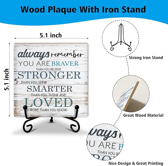 Inspirational Gift for Women Men Wood Sign with Stand - Always Remember You are Braver Than You Think, Motivational Gifts for Women Men Home Office Table Centerpiece Positive Decor Desk Plaque 39