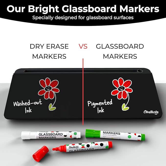 Chalkola Black Glass Desktop Whiteboard with Storage - Dry Erase Board, Work Desk Organizers, Computer Keyboard Stand, Home Office Desk Accessories, Workspace Desktop Buddy + 3 Markers