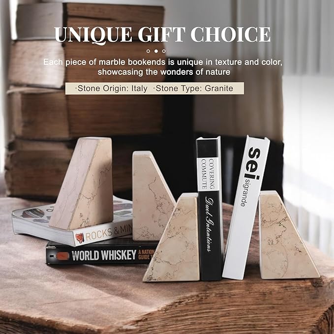 Koville Natural Stone Bookends for Shelves, Granite Book Ends for Heavy Books, Non-Slip Heavy Duty Book Stopper for CD/Movies, Decorative Bookend for Bookshelf Table Home Decor(Pink)