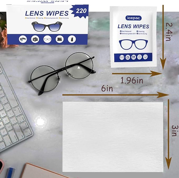 Eyeglass Cleaner Wipes, Sunglasses, Screens - Gentle and Portable for On-the-Go Cleaning of Devices, Lens Wipes for Eyeglasses, Wet Lens, Camera Lenses, Laptops, Etc. Individually Packaged（220 PCS）
