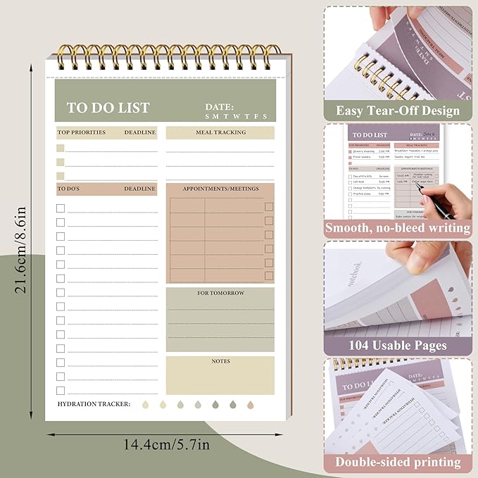 HAUTOCO 3 Packs to Do List Notepad, A5 to Do List Notebook for Work Undated Tear Off Daily Planner Notepad Task Checklist Organizer for Home Office School, Totally 312 Pages