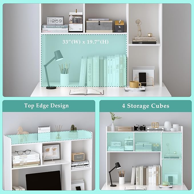 Wooden Desktop Hutch Bookshelf - Free Standing Desk Storage Shelf with Top Edge for Computer Desk, Desktop Bookcase for Dorm, Home or Office, Countertop Organizer, White, 45.3"