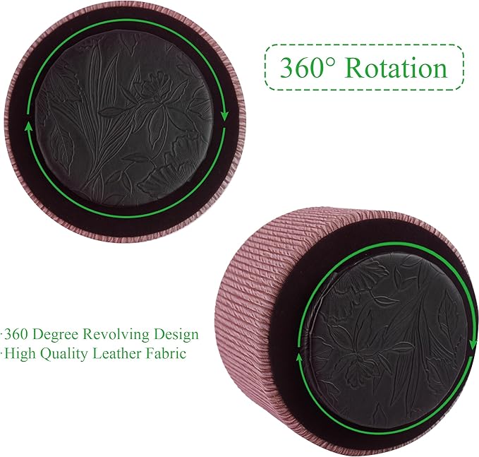 Hennaja Round Leather Art Supply Organizer,Remote Control Holder,360 Degree Spinning,Multi-Functional Pencil Holder,4 Compartments Desktop Stationary Organizer(1-Wood Pink)