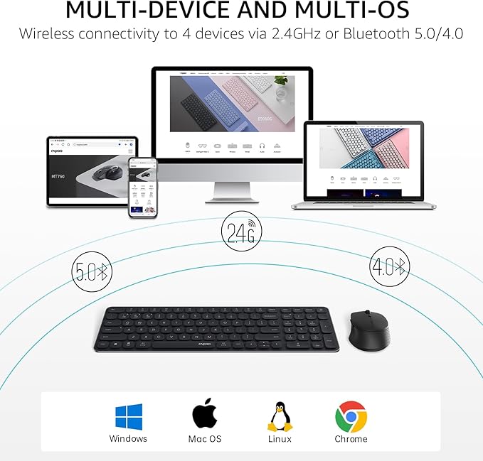 Rapoo Wireless Keyboard and Mouse Combo, Blade-Series E9310M 99-Key Ultra-Thin Keyboard and M300G Silent Mouse, Support 4 Devices, Quiet, Compact, Battery Powered, for Windows/Mac/Linux/Chrome