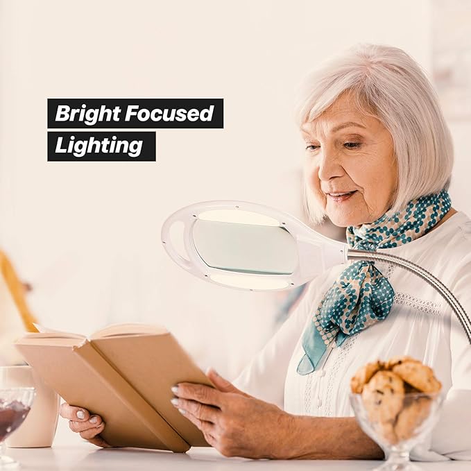 Brightech LightView Pro LED Magnifying Floor Lamp - Daylight Bright Full Spectrum Magnifier Lighted Glass Lens - Height Adjustable Gooseneck Standing Light - for Reading Task Craft Lighting - White