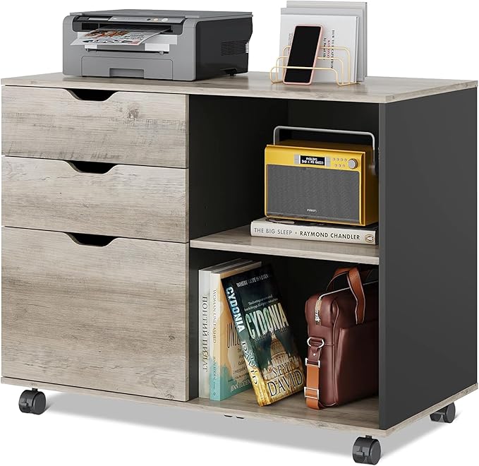 DEVAISE 3-Drawer Wood File Cabinet, Mobile Lateral Filing Cabinet, Printer Stand with Open Storage Shelves for Home Office, Greige
