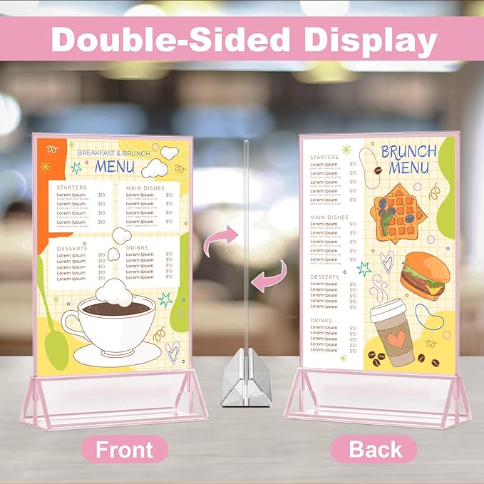 EHWINE 12 Pack Acrylic Sign Holder 5 x 7, Double-Sided Stand up Table Top Sign Holders, Pink Acrylic Picture Frame Menu Flyer Paper Holder Display Stand for Office Business Store Wedding Party
