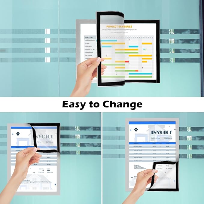 Magnetic Sign Holder - 8.5×11" Wall Mounted Self-Adhesive Magnetic Paper Holder, Transparent Wall Display Picture Frame with Silver Edge, Suitable for Office, Store, Mall, Home (8.5"x11" 12pack)