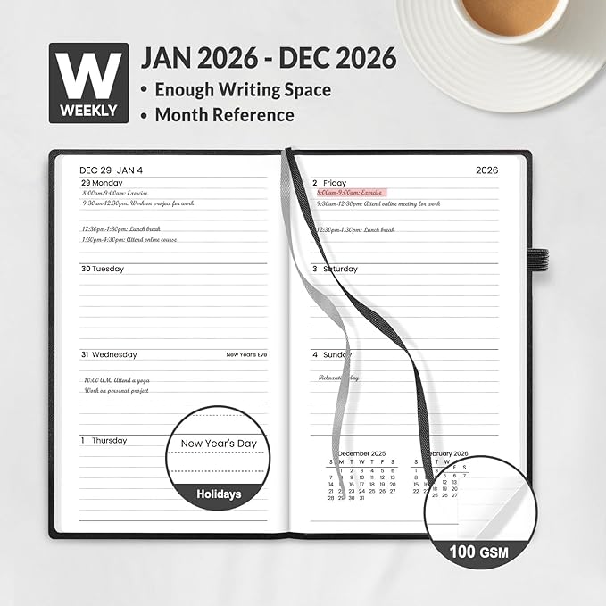SUNEE 2026 Pocket Weekly Planner for Purse 3.5" x 6" - 12 Month (January 2026 - December 2026), Small Size Planner, Hardcover, Notes, Pocket, 100 GSM Paper, Black
