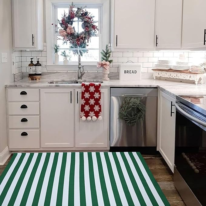 CAINANEL Christmas Outdoor mat 3' x 5' Green and White Striped Outdoor Rug Front Porch Rug,Christmas Home Decor, Layerd Welcome Doormat for Front Porch Decor, Front Door, Farmhouse Decor
