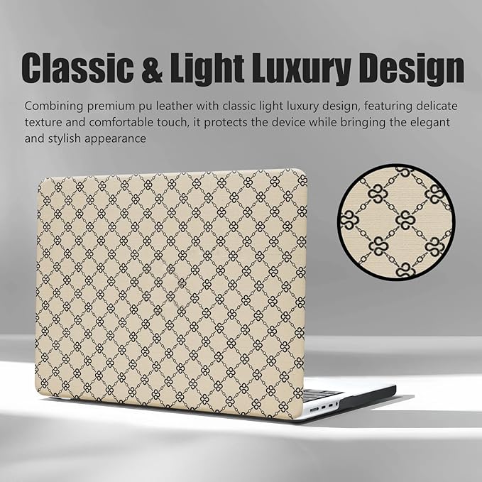 Compatible with MacBook Air 13 inch Case 2025 2024 2023 2022 M4 A3240 M3 A3113 M2 A2681, Luxury Checkered Textured Vintage Leather Plastic Hard Shell Case for MacBook Air 13.6 M4+Keyboard Cover, Beige