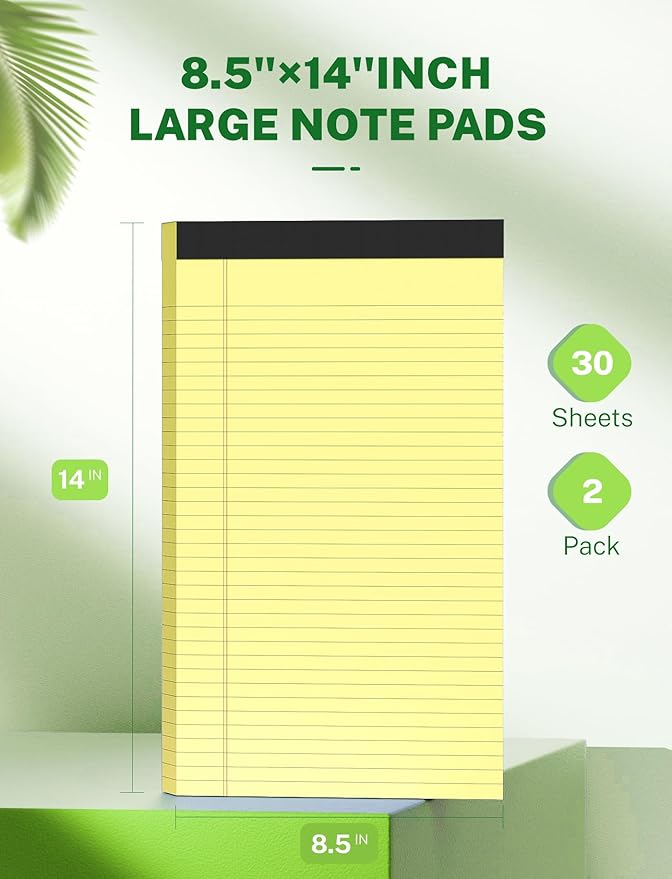 Legal Pads 8.5 x 14, Wide Ruled Legal Pad, Yellow Paper 8.5 x 14, 30 Sheets per Notepad, Large Writing Pad for Office Supplies, College, Micro Perforated Lined Writing Pads, 70 GSM 2 Pieces