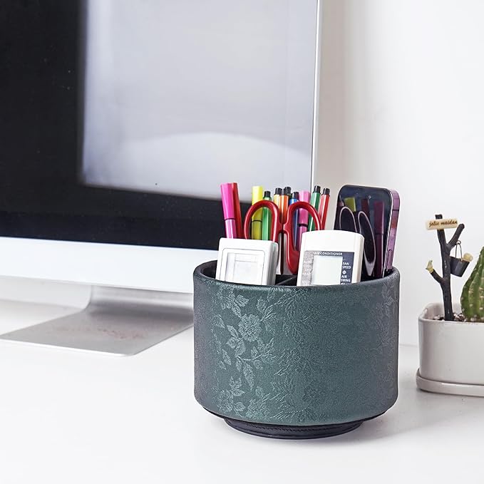 lizimandu Round Leather Art Supply Organizer,Remote Control Holder,360 Degree Spinning,Multi-Functional Pencil Holder,4 Compartments Desktop Stationary Organizer(1-Liuli Green)