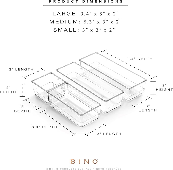 BINO 4-Piece Modular Drawer Bin Set | Bathroom & Vanity Drawer Organizer Trays - Small