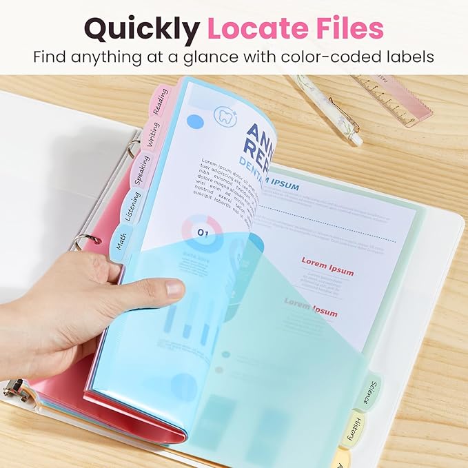 Sooez 8-Tab Binder Dividers with Two Pockets, 8 Tabs Dividers for 3 Ring Binder Organizers, 3-Hole Plastic Sheets Protectors for US Letter Size, School, College, Office Supplies, Pastels, Set of 2