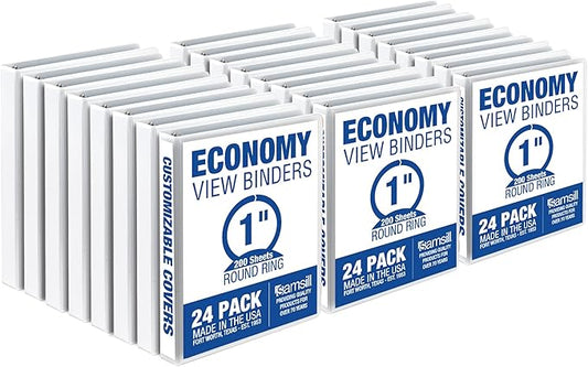 Samsill 1 Inch 3 Ring Binders, Made in USA, Economy Round Ring, Clear View Cover, 200 Sheet Capacity - for School, Home, Office - White, 24 Pack