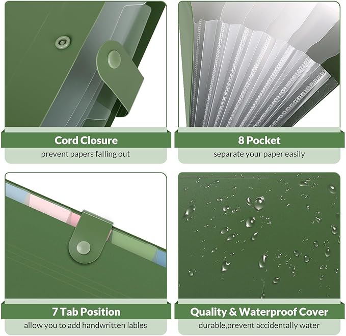 SKYDUE Expanding File Folders with 8 Pockets, Accordion File Organizer with Labels, Portable Paper Bill Receipt Organizer, Letter Size, Home School Office Supplies, Olive Green