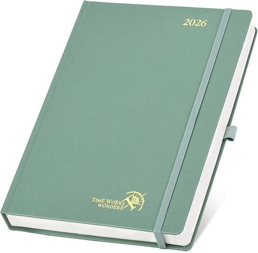 POPRUN 2026 Daily Planner One Page Per Day Even Weekends A4 Large Size (8.5" x 12") - 12 Months Calendar Hourly Appointment Book with Inner Pocket, Pen Holder, Hardcover - Midnight Green