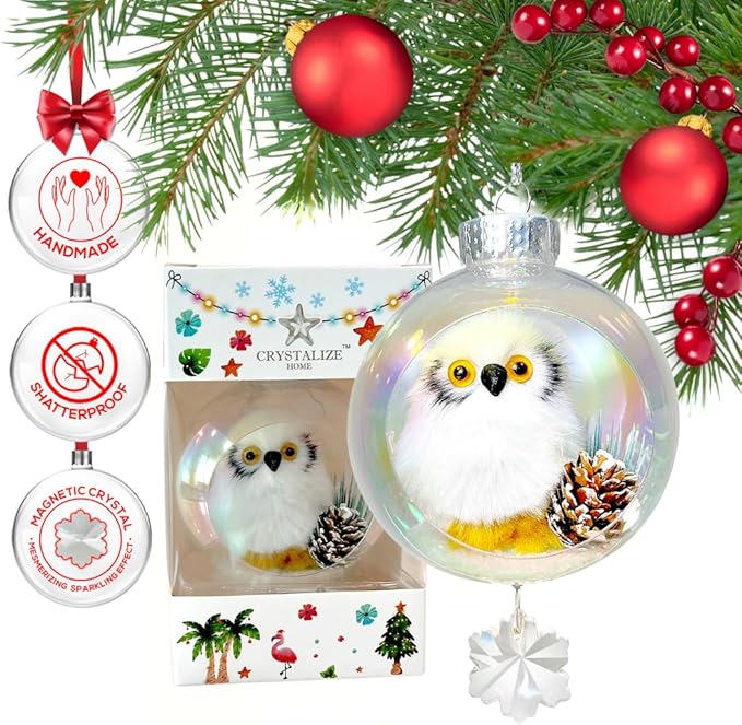 White Owl Christmas Ornament - Handmade Shatterproof Decorations for Indoor Outdoor Xmas Tree - Clear Ball Ornaments with Magnetic Crystal - Great Gift or Stocking Stuffer for Mom, Sister, Friend