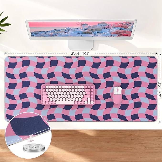 HAOCOO Checkered Desk Mat, 35.4" x 15.7" Leather Desk Matt, XXL Mouse Pad Office Decor, Non-Slip Keyboard Pads, Water Resistant Table Mat, Stitched Edge Keyboard Pad for School, Home(Pink)
