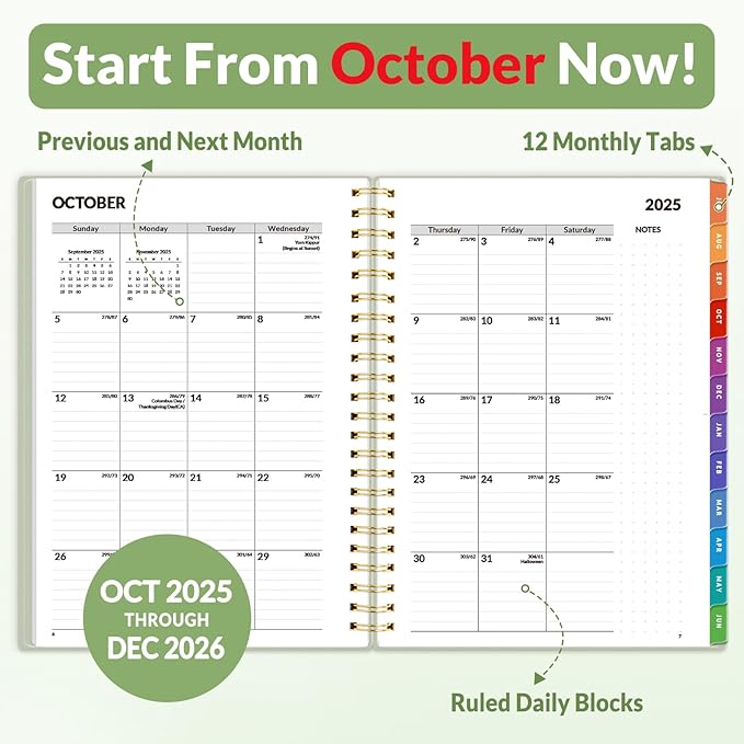 SUNEE 2026 Weekly and Monthly Planner - from January 2026 - December 2026, 6.4" x 8.3" Daily Agenda Planner with Monthly Tab, Flexible Cover, Note Pages, Pockets, Bookmark, Spiral Binding, Greenery