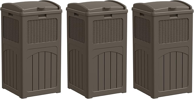 Greesum 33 Gallon Outdoor Trash Can with Lid, Waterproof Resin Garbage Bin for Hideaway, Deck, Patio, 3 Pack, Dark Brown