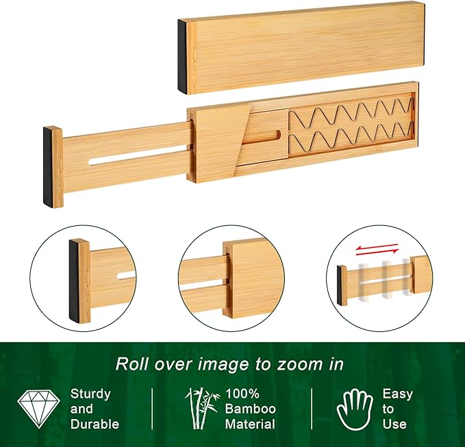 Bamboo Drawer Dividers Organizer with Inserts, Expandable from 12.5-21.7", Adjustable Drawer Organizer Separators for Utensils, Dresser, Bedroom, Bathroom, Closet, Clothing, Office (Beige)