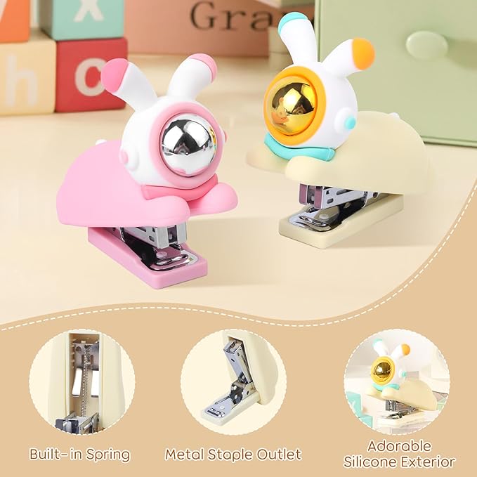 Honagu Cute Stapler, Cartoon Stereoscopic Silicone Stapler, Labor-Saving Office Supplies, Desktop Stationery Gift for Students Kids (Long Ear Milky White)